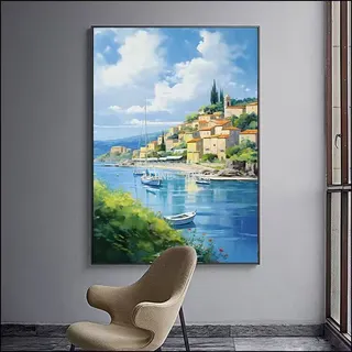 تصویر محصول: تابلوی نقاشی رنگ‌روغن تزئینی با منظره مدیترانه و طرح پاییزی، ایستاده کنار مبل اتاق نشیمن یا دیواری برای ورودی و راهرو