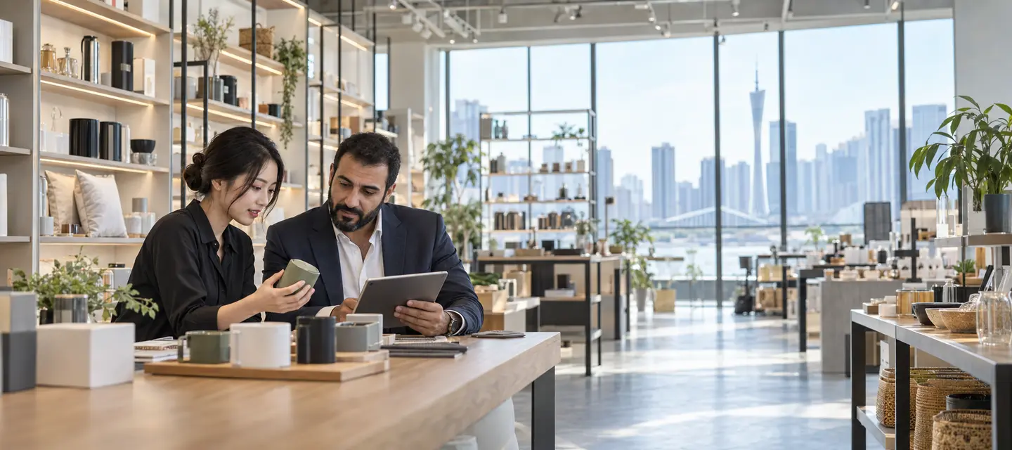 کارشناس سورسیابی و خریدار در حال بررسی نمونههای محصول در چین
